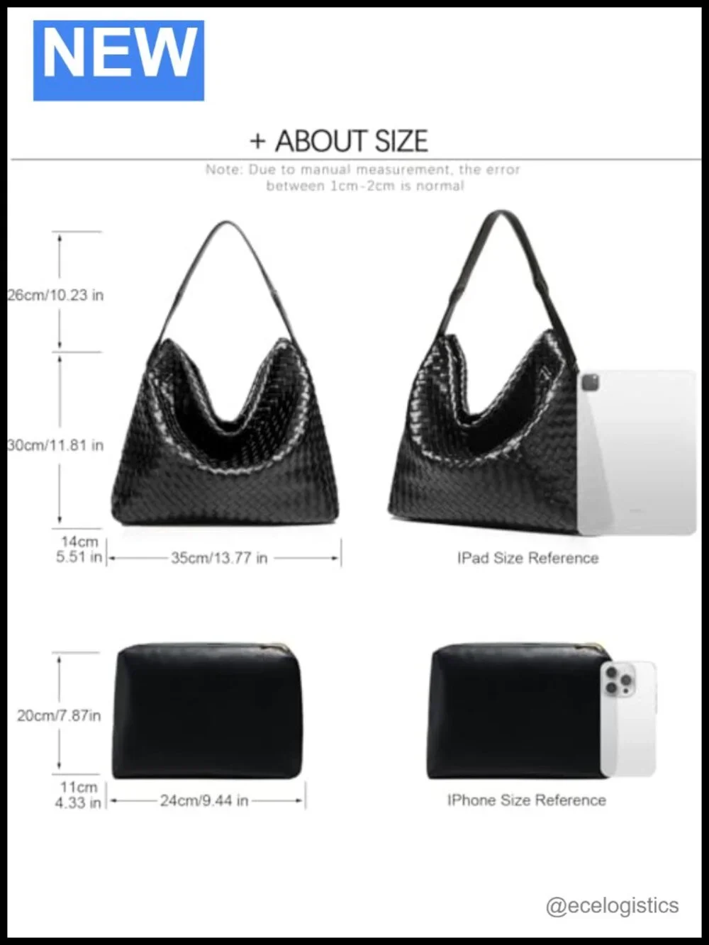 Woven Vegan Leather Hobo Tote Handbag with Clutch, Adjustable Strap